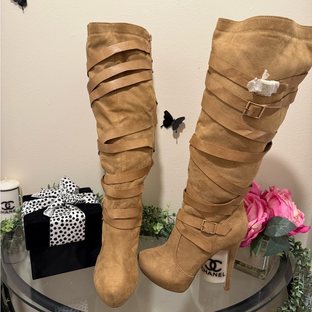 Tan Suede Knee-High Boots